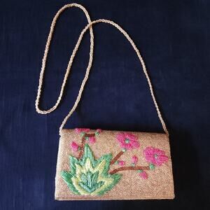 Beautiful Handcrafted Floral Beaded Floral Clutch Purse Bag w/ Gold Chain Strap